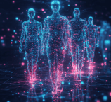 a group of people standing in front of a blue and pink light