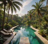 A luxurious resort area featuring a large, serene swimming pool surrounded by numerous palm trees. The pool is shaped uniquely with a round section on one end and an oval pool nearby. Well-maintained lawns and garden areas with tropical vegetation are visible. In the distance, there are landscaped golf courses and a picturesque view of the ocean horizon under a clear blue sky. Modern, colorful buildings are seen in the background.