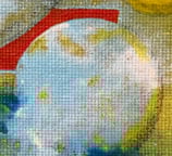 Titled: Dandelions - Closeup of an Abstract Multimedia painting in Blues, Browns, and Greens.