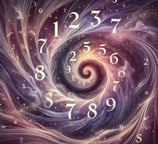 Imagem abstrata representando a numerologia pitagórica com um design fluido e números de 1 a 9 integrados em tons de roxo e l