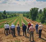 Five men in suits and hats are standing together on a construction site, examining a large blueprint. Behind them, there are two prominent buildings with signs that read 'Penfold Wines' and 'Farmers'. Construction equipment and materials are visible in the background.