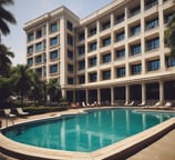 A luxurious hotel with grand architecture featuring towers and an arch design. The waterfront setting includes a bridge leading to the building, with clear blue skies and a tranquil ocean in the background. The surrounding area showcases an urban environment with greenery and a variety of buildings.