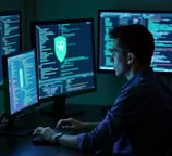 Especialista em cibersegurança trabalhando com múltiplos monitores e códigos, uma das profissões em