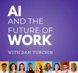 Ai and the future of work podcast; a group of people standing in front of a purple background