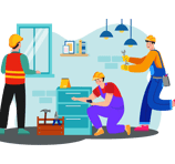 a man and woman working on a desk in a room