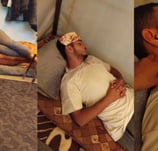 a man sleeping on a bed with a woman sleeping on a bed
