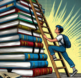 garoto subindo escada apoiada em livros