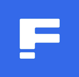 a blue and white logo with the letter f