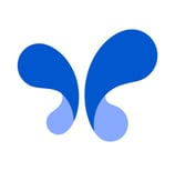 a blue and white butterfly logo with two wings