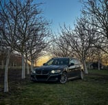 A car parked in a field with trees and a sky background