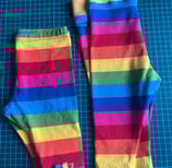 a pair of leggings with a rainbow - colored striped leggings