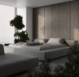 3D rendering of a modern bedroom with a grey bed, wood panel wall, plants, and concrete floor in a minimal design.