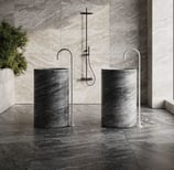 3D rendering of a modern bathroom with stone sinks, curved faucets, marble wall, shower, dark floor, and indoor plant.