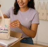 mujer empacando camisetas y tote bag estampada y personalizada