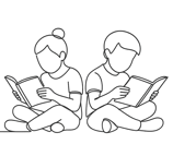 A line drawing depicting two children sitting back-to-back, each absorbed in reading their books