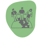 Illustration of three people holding hands on a globe to represent community
