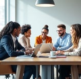 a group of people sitting around a table with laptops