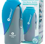 a blue and grey water bottle for dogs with the bowl attached