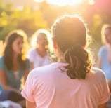 Grupo de mulheres em encontro Projeto Maria’s ao ar livre ao pôr do sol