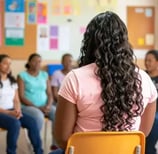 Mentora em encontro Projeto Maria’s conduzindo grupo feminino em sala de aula.