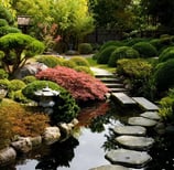 Japanese garden with water and stone lantern
