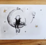 a drawing of a cat and a girl sitting on a crescent moon