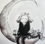a drawing of a cat and a girl sitting on a crescent moon