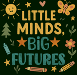Retro teacher shirt with "Little Minds, Big Futures" and colorful kid-style doodles