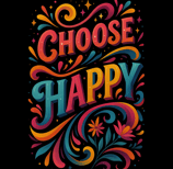 Bright rainbow hand-lettered text Choose Happy with flourishes, stars, and flowers