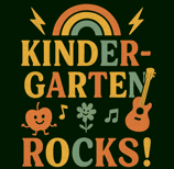 Kindergarten Rocks! retro teacher shirt with rainbow, apple, and guitar