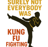 Silhouette kick with retro text: Surely Not Everybody Was Kung Fu Fighting