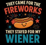 Smiling hot dog with fireworks and bold red and blue text on a patriotic 4th of July design