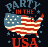 Vintage USA map in flag colors with bold “Party in the USA” text and scattered stars