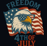 Bald eagle in flag sunglasses with “Freedom 4th of July” and waving U.S. flag