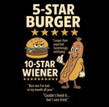 Cartoon burger and hot dog with 5-star reviews in retro 4th of July design