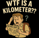 Confused cartoon man with a metric map under bold text that says “WTF Is a Kilometer??”