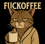 Moody cat in robe holding coffee mug with “FUCKOFEE” text above