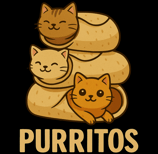Three cute cats wrapped in burritos with the word “Purritos” underneath.