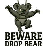 Angry cartoon koala in harness with text “Beware Drop Bear”