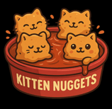 Four cute kitten nuggets in a red dipping bowl with smiling faces