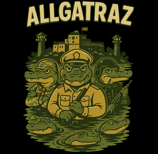 Angry alligator guards in front of swamp prison under bold “ALLGATRAZ” text