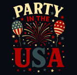 Vintage Party in the USA design with balloons, fireworks, and stars in red, white & blue