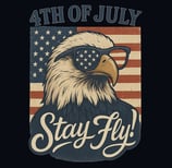 Bald eagle in sunglasses with American flag and 'Stay Fly' text in vintage style