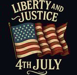 Vintage U.S. flag with 'Liberty and Justice' and '4th July' in bold serif text