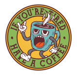 a coffee cup with a cartoony coffee cup