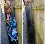before and after picture of waste cleared from side of a shed in worcester