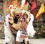 a man in a kiltly costume is holding Barong Dance