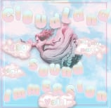 a poster with a victorian woman flying in a fluffy cloud sky