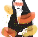 Illustration of a woman with long black hair with abstract orange and yellow splashes around her
