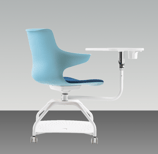 Student chair with writing tablet and wheels, blue seat and white frame